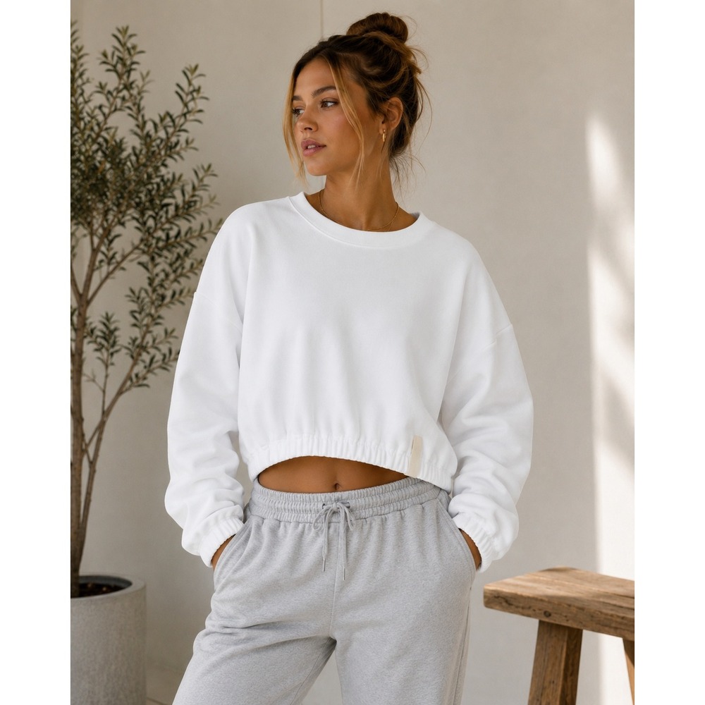 Adidas White Cropped Fleece Sweatshirt Oversized Athleisure Pullover Large